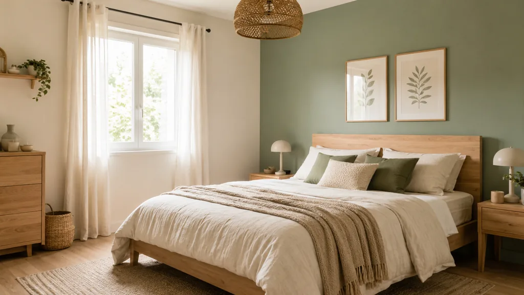 Chambre lumineuse avec mur vert sauge, peinture douce et décoration naturelle en bois clair