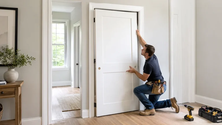 Menuisier installant une nouvelle porte intérieure blanche dans un logement rénové