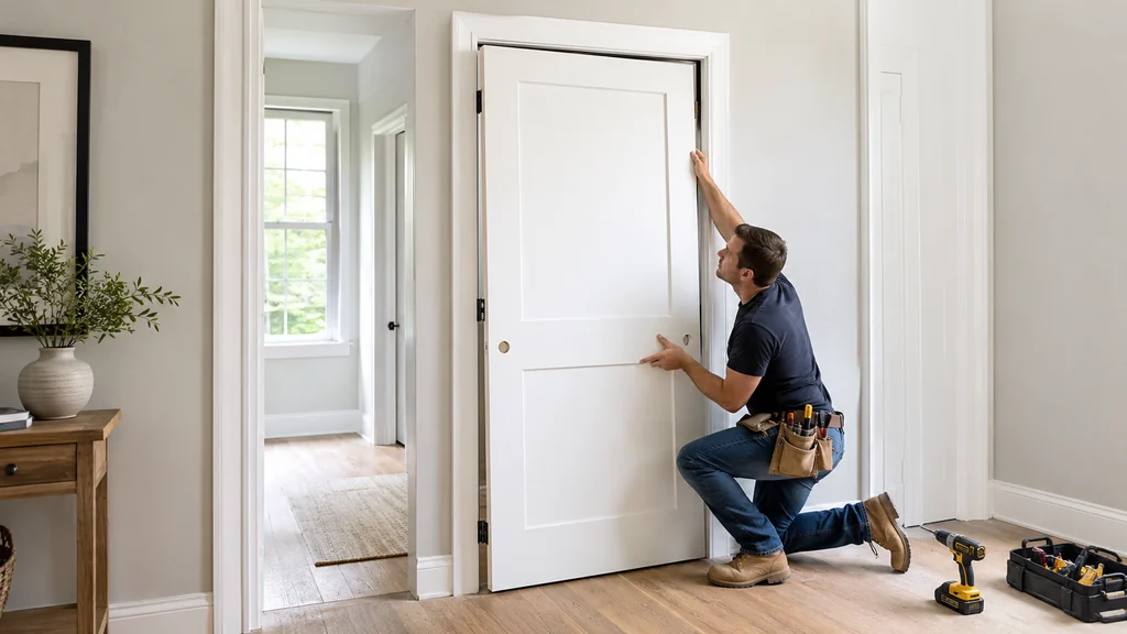 Menuisier installant une nouvelle porte intérieure blanche dans un logement rénové