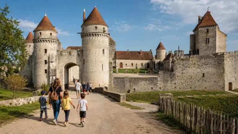 Famille visitant le château de Blandy-les-Tours avec ses remparts médiévaux, ses tours rondes et son entrée fortifiée.