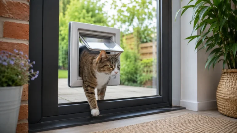Chat passant par une chatière installée dans une fenêtre vitrée donnant sur le jardin