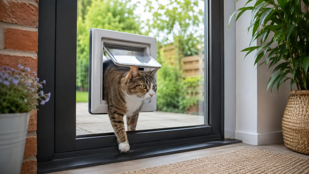 Chat passant par une chatière installée dans une fenêtre vitrée donnant sur le jardin