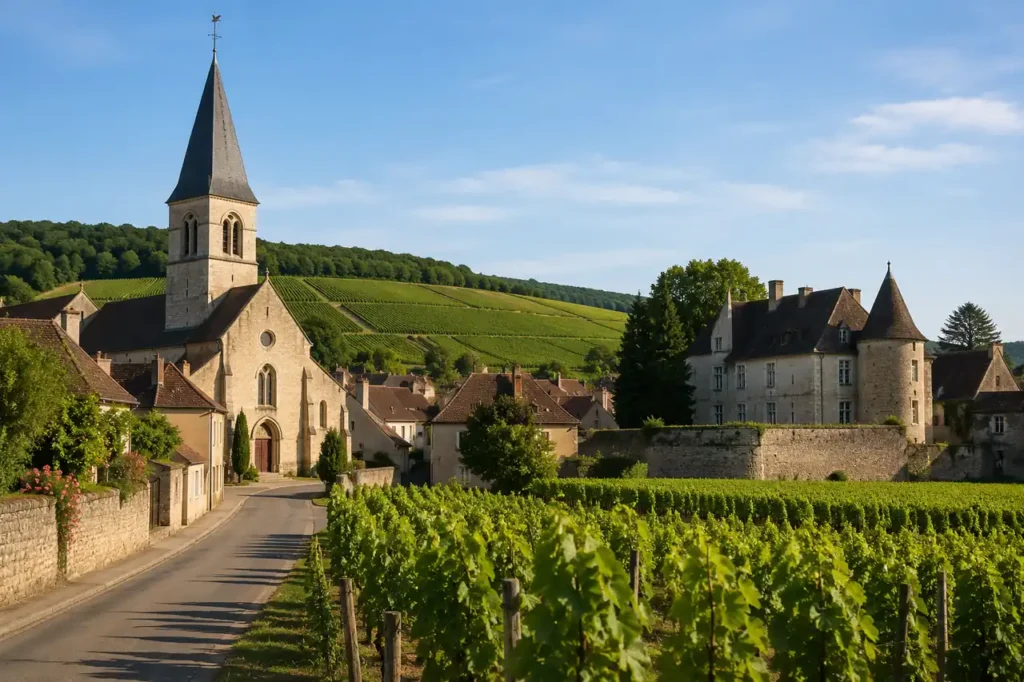 Village de Chorey-les-Beaune entouré de vignes avec son église et son château