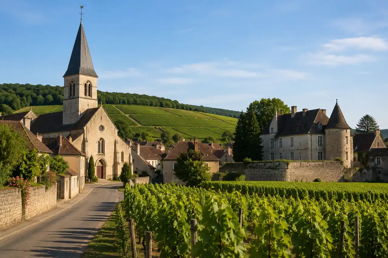 Village de Chorey-les-Beaune entouré de vignes avec son église et son château