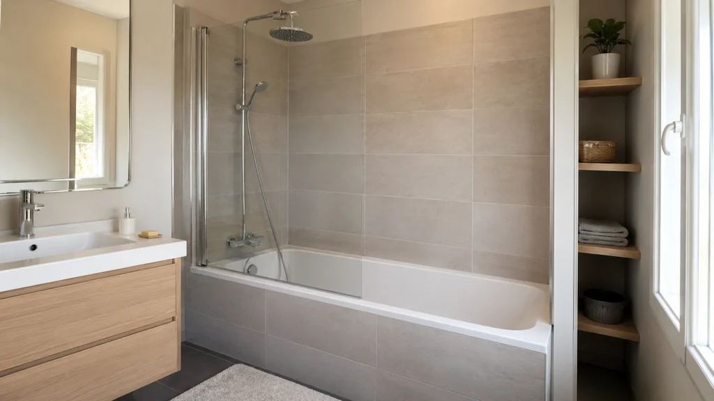 Salle de bain moderne avec combiné baignoire douche et paroi vitrée