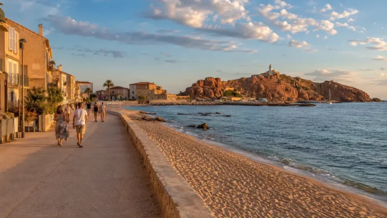 Promenade de L’Île-Rousse en Corse avec plage, mer turquoise et phare de la Pietra au coucher du soleil