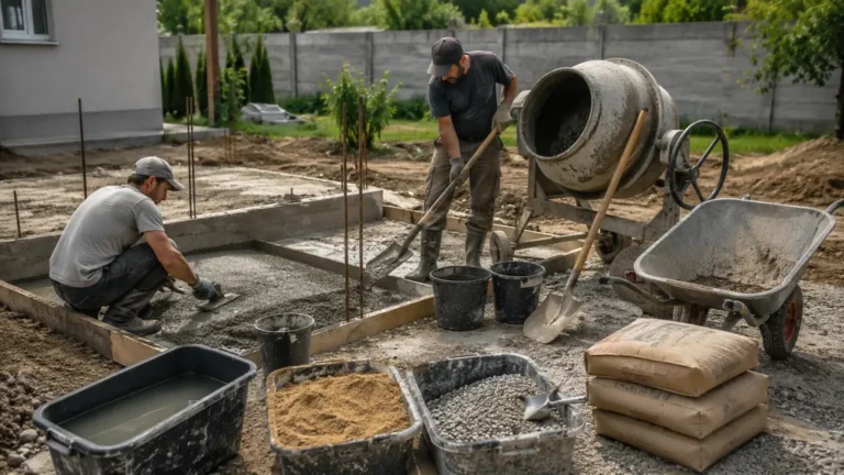 Dosage béton sur chantier avec bétonnière, sable, gravier, ciment et dalle en cours de coulage