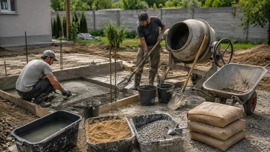 Dosage béton sur chantier avec bétonnière, sable, gravier, ciment et dalle en cours de coulage