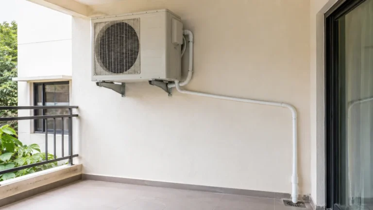 Unité extérieure de climatisation avec tuyau d’évacuation des condensats sur un balcon