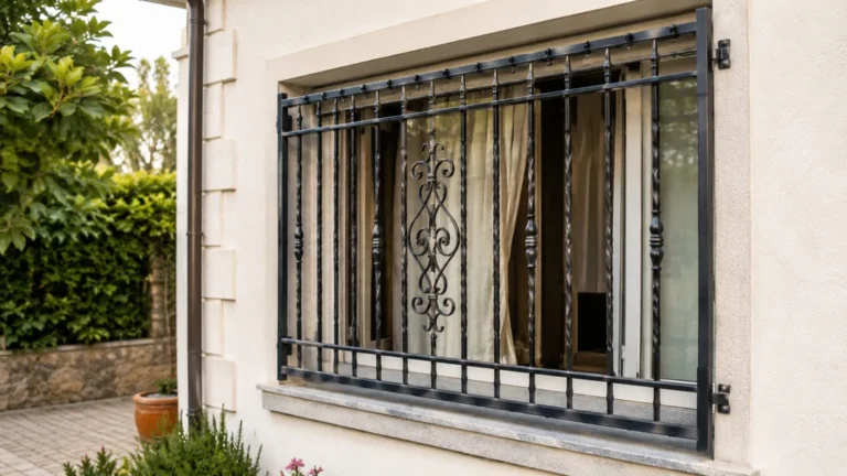 Grille de défense noire installée sur une fenêtre extérieure pour sécuriser une maison