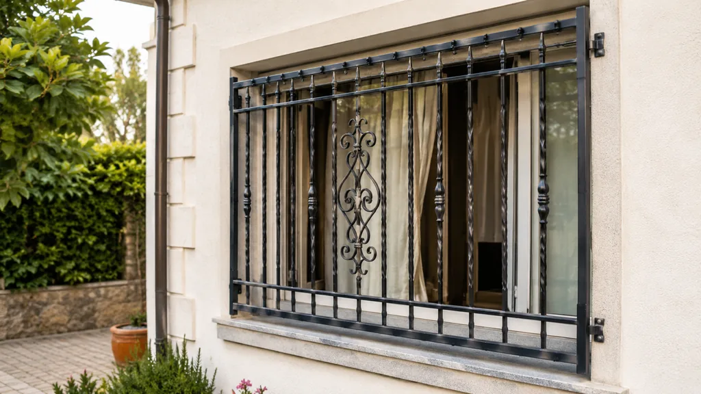 Grille de défense noire installée sur une fenêtre extérieure pour sécuriser une maison