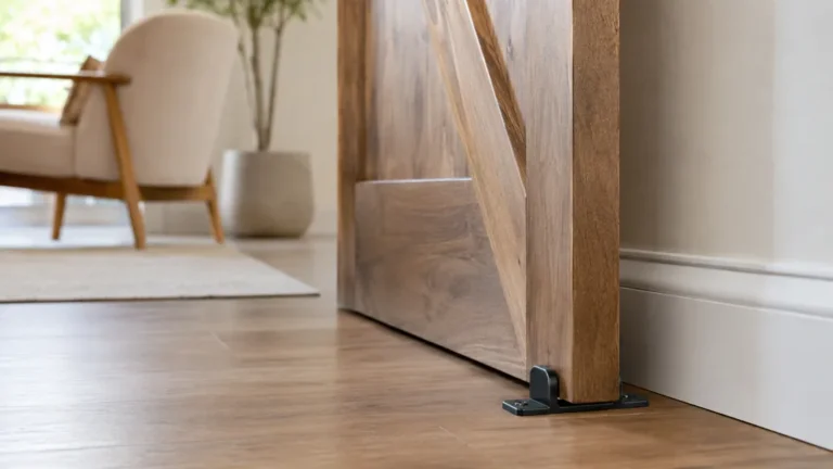 Guide inférieur de porte coulissante en bois fixé au sol pour assurer un coulissement stable