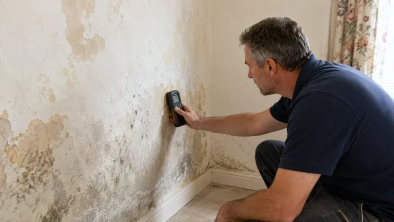Expert réalisant un diagnostic sur un mur humide avec traces de moisissures et peinture abîmée