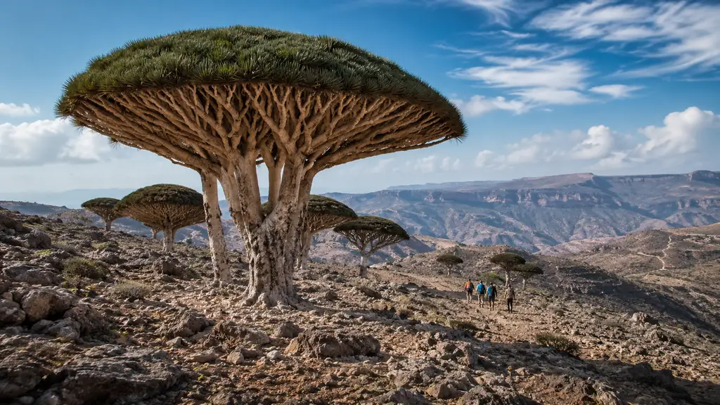 Paysage rocheux de l’île de Socotra avec dragonniers emblématiques, plateau désertique et voyageurs au loin.
