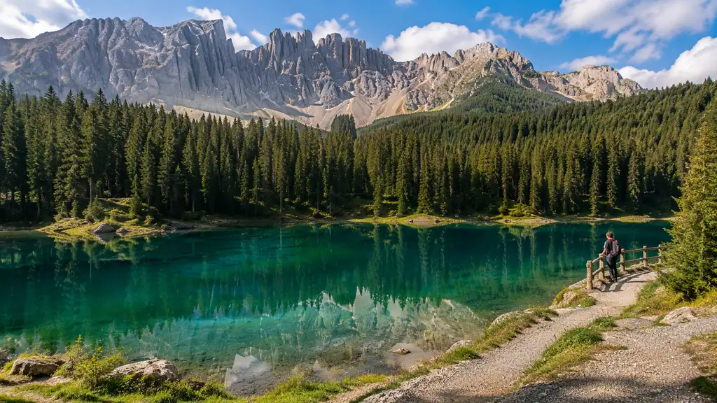 Lago di Carezza dans les Dolomites avec eau turquoise, forêt de sapins et sommets du Latemar
