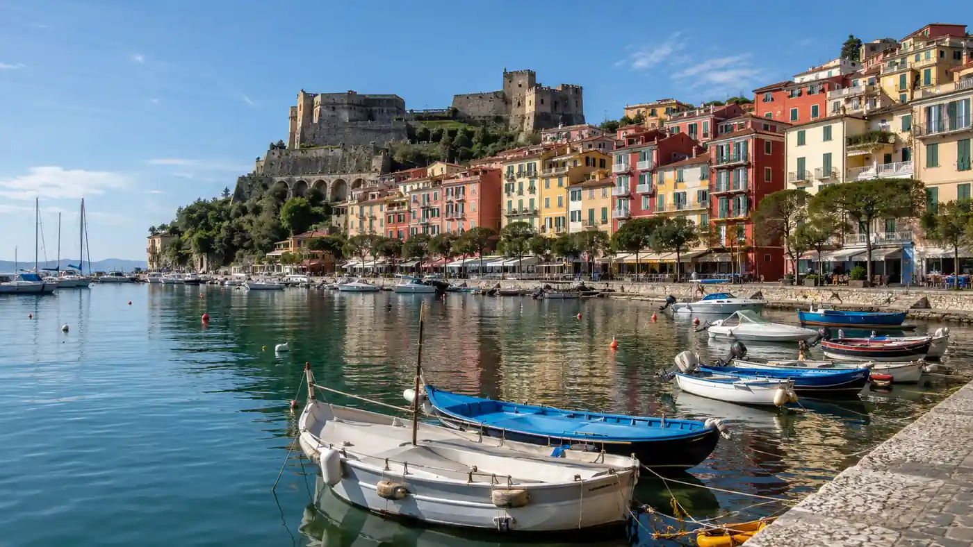 Port de Lerici en Ligurie avec bateaux, façades colorées et château médiéval dominant la mer