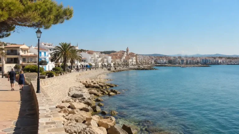 Promenade en bord de mer à L’Escala avec maisons blanches, port et baie de Roses