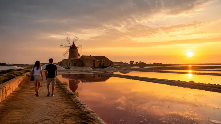 Voyageurs observant les salines de Marsala au coucher du soleil avec bassins roses, moulin sicilien et reflets dorés.