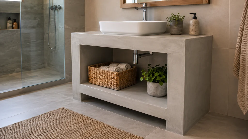 Meuble vasque en béton cellulaire dans une salle de bain moderne avec finition minérale