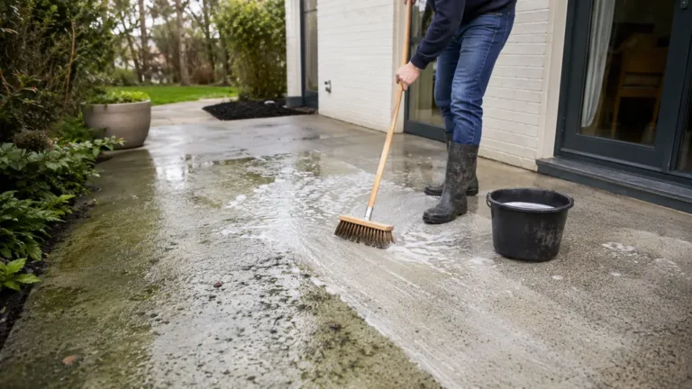 Personne nettoyant une terrasse en béton avec un balai-brosse et de l’eau savonneuse
