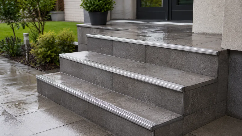 Escalier extérieur carrelé avec nez de marche antidérapants sous la pluie