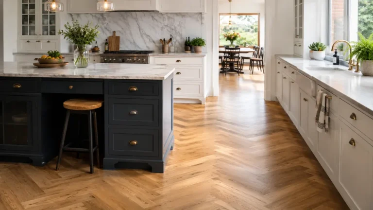Cuisine lumineuse avec parquet en bois, îlot central et aménagement moderne adapté aux pièces humides