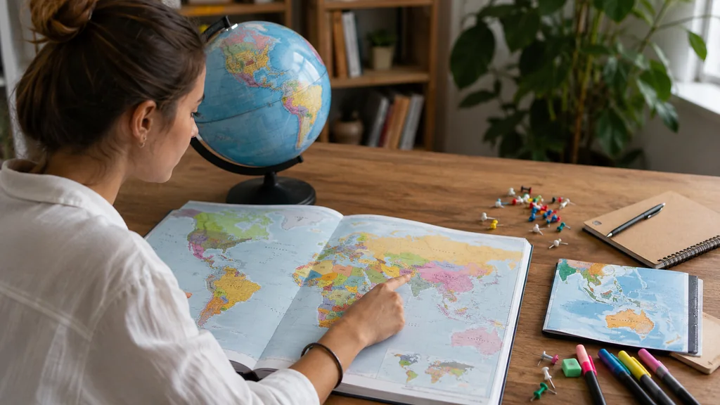Personne étudiant une carte du monde et un globe pour repérer les pays commençant par la lettre S.