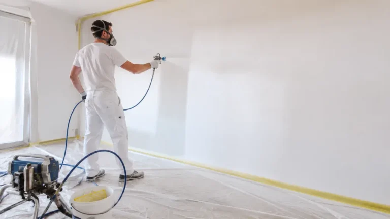 Application de peinture airless sur un mur intérieur avec pistolet, bâches de protection et matériel professionnel