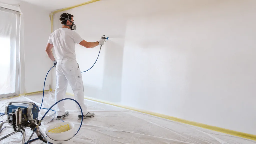 Application de peinture airless sur un mur intérieur avec pistolet, bâches de protection et matériel professionnel