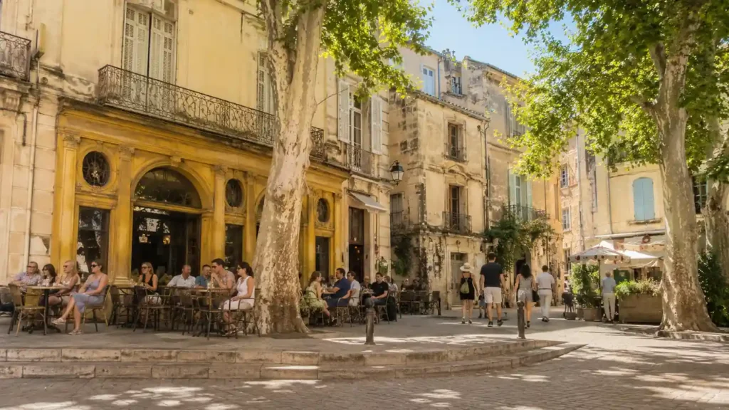 Terrasses animées et façades historiques de la place du Forum à Arles sous les platanes