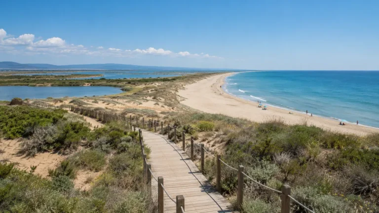 Plage du Pilou à Villeneuve-lès-Maguelone avec dunes naturelles, passerelle en bois et mer Méditerranée