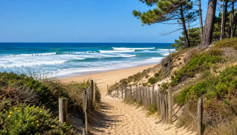 Plage sauvage des Côtes-d’Armor accessible par un sentier côtier entre dunes et végétation