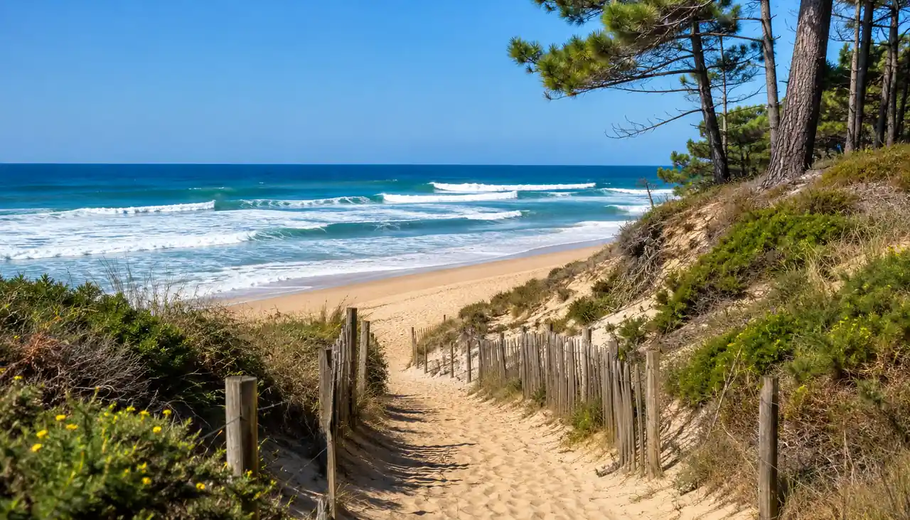 Plage sauvage des Côtes-d’Armor accessible par un sentier côtier entre dunes et végétation