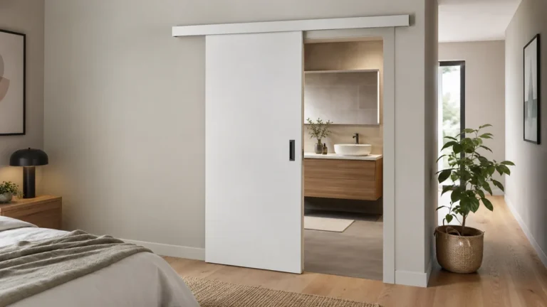 Porte coulissante blanche séparant une salle de bain moderne du reste du logement
