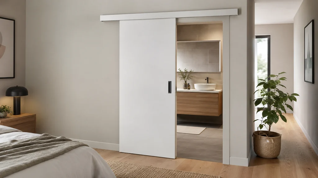 Porte coulissante blanche séparant une salle de bain moderne du reste du logement