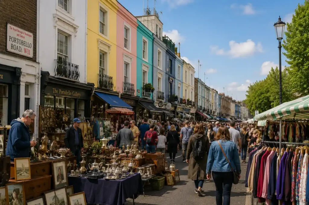 Marché de Portobello Road à Notting Hill avec stands d’antiquités et façades colorées