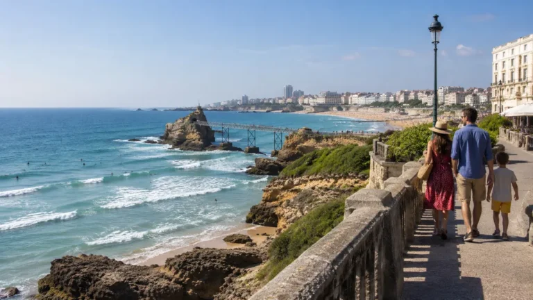Famille se promenant sur le front de mer de Biarritz avec vue sur le Rocher de la Vierge, l’océan Atlantique et les plages.