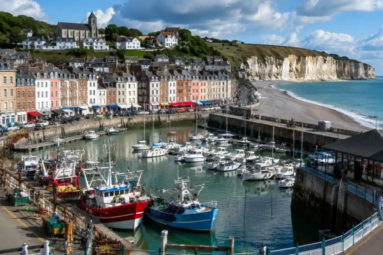Port de Saint-Valery-en-Caux avec bateaux de pêche, plage de galets et falaises de craie