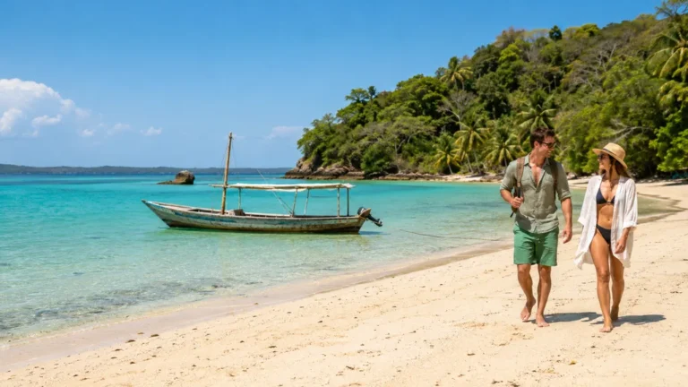 Couple de voyageurs marchant sur une plage tropicale de Nosy Be avec eau turquoise, bateau traditionnel et végétation luxuriante.