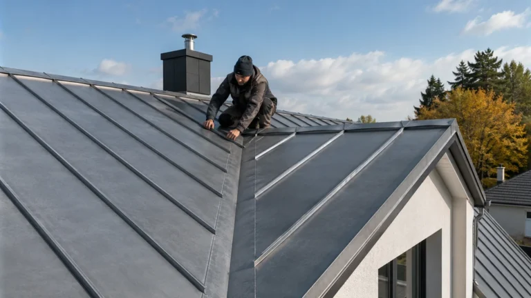 Couvreur inspectant une toiture en zinc moderne avec joints debout sur une maison contemporaine