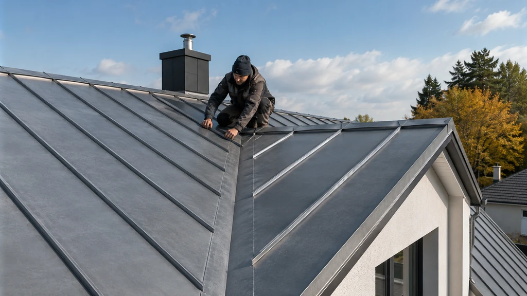 Couvreur inspectant une toiture en zinc moderne avec joints debout sur une maison contemporaine