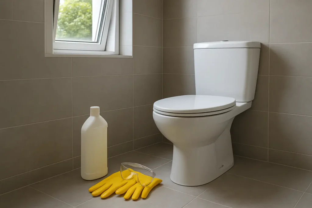 Cuvette de WC avec produit chimique neutre, gants et lunettes de protection à proximité, dans une salle de bains bien ventilée.