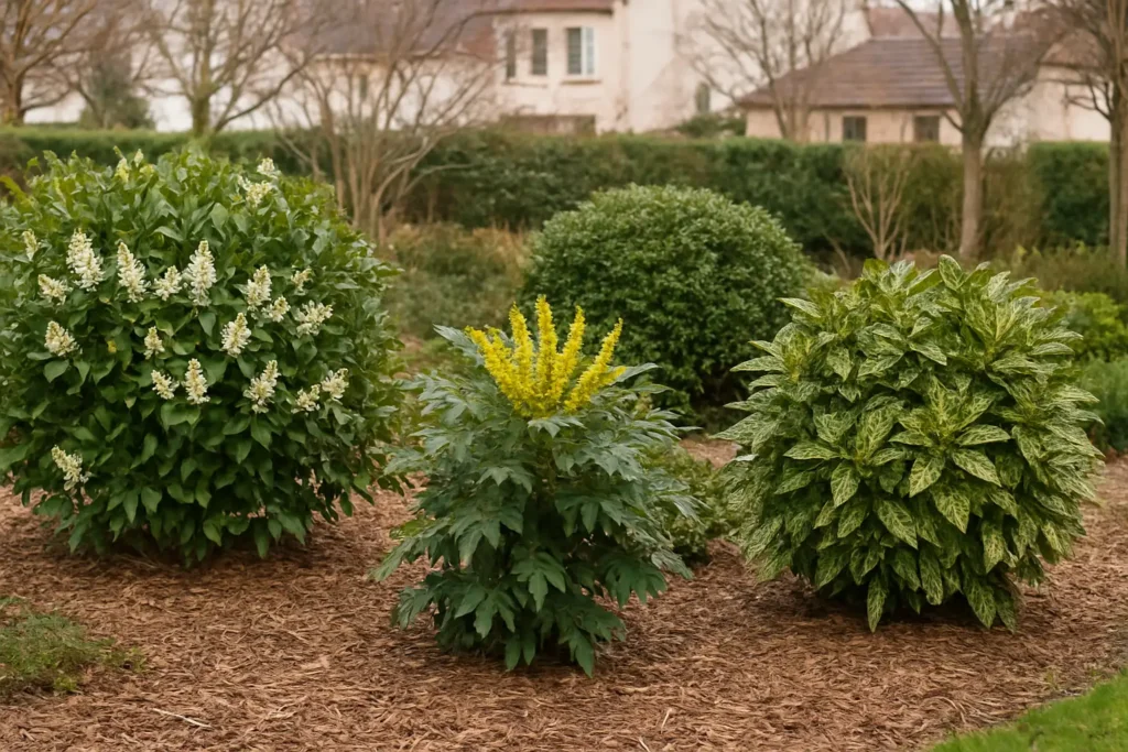 Massif de jardin en hiver avec laurier-tin, mahonia et aucuba, sur sol paillé
