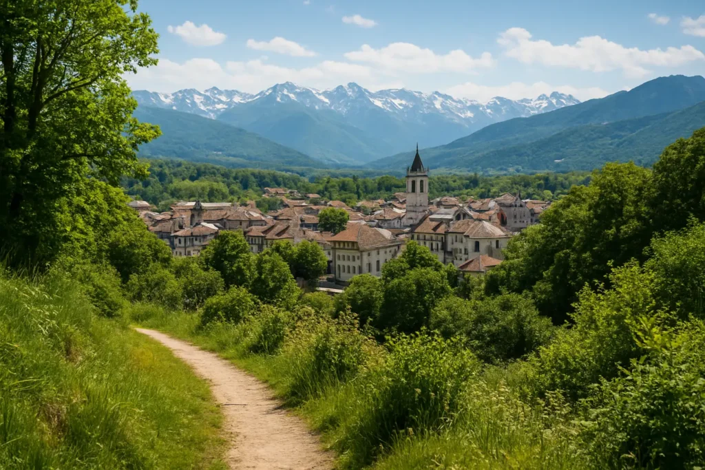 Vue de Bagnères-de-Bigorre avec un sentier de randonnée et les Pyrénées en arrière-plan.