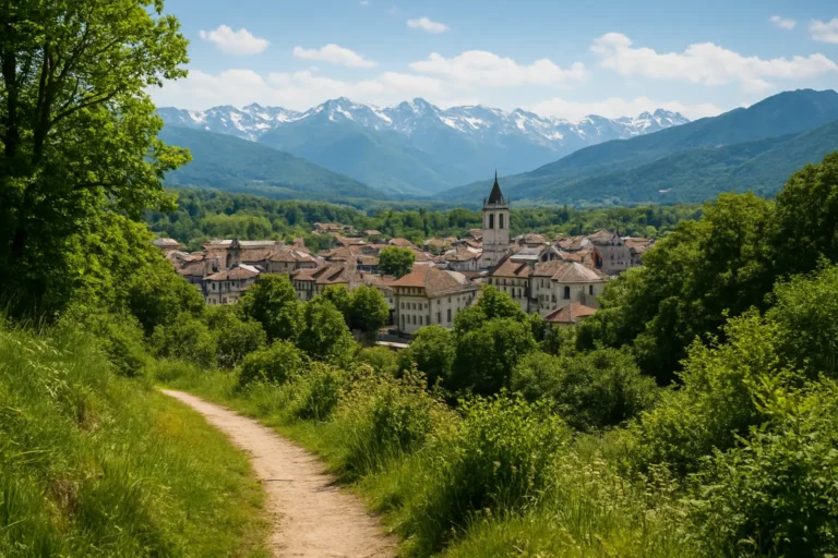 Vue de Bagnères-de-Bigorre avec un sentier de randonnée et les Pyrénées en arrière-plan.