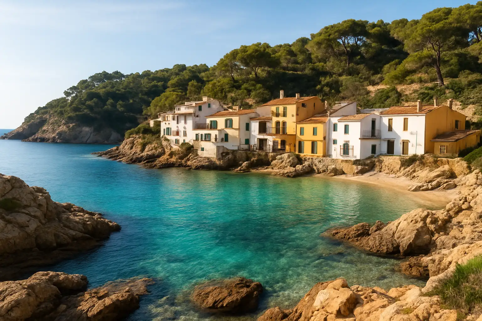 Crique de Sa Tuna à Begur sur la Costa Brava, avec eau turquoise et maisons au bord de la mer