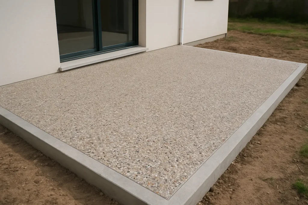 Terrasse en béton désactivé avec granulats apparents