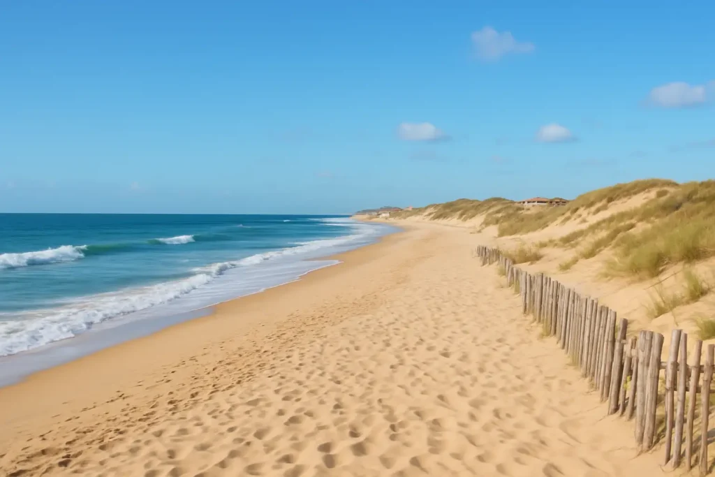 Plage de Biscarrosse avec sable fin, vagues de l’Atlantique et dunes en arrière-plan