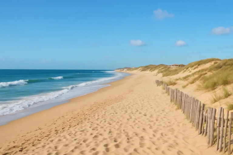 Plage de Biscarrosse avec sable fin, vagues de l’Atlantique et dunes en arrière-plan