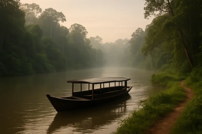 Klotok sur une rivière de Bornéo au lever du jour, entouré de forêt tropicale et de brume